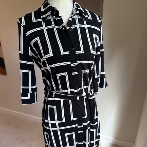 WHBM Black and White Geometric Button Down Matte Jersey Shirt Dress - Sz. 4 - Picture 1 of 16